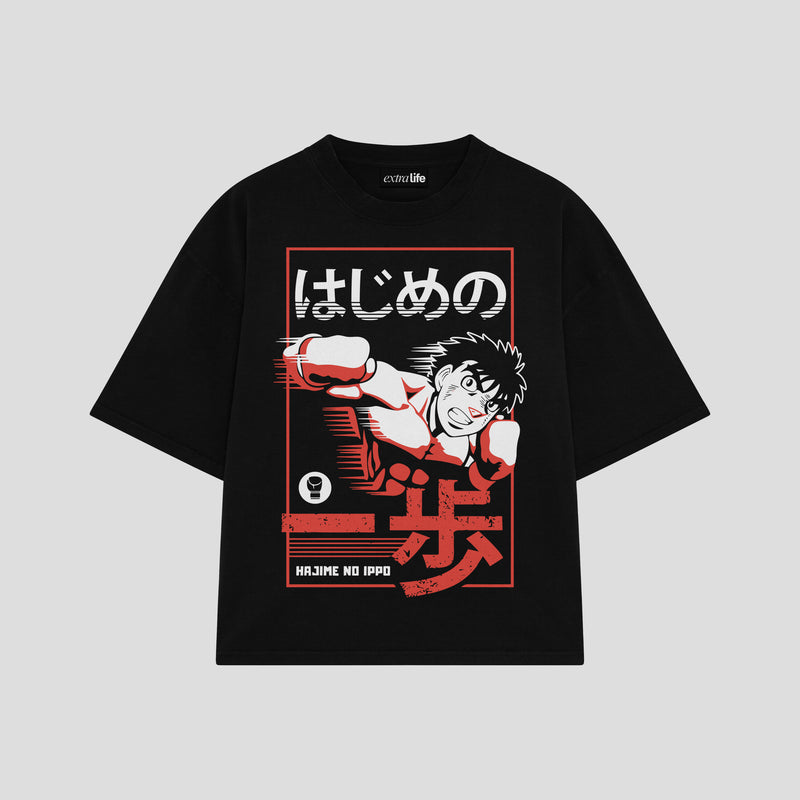Playera streetwear premium de anime y gaming ExtraLife MX, corte boxy oversized drop shoulder heavyweight en color Deep Black y Off-White, moda urbana mexicana de culto.