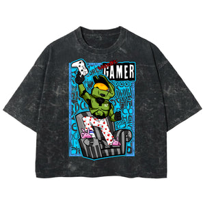 Playera streetwear premium de anime y gaming ExtraLife MX, corte boxy deluxe mineral wash heavyweight en color Acid Wash, moda urbana mexicana de culto.