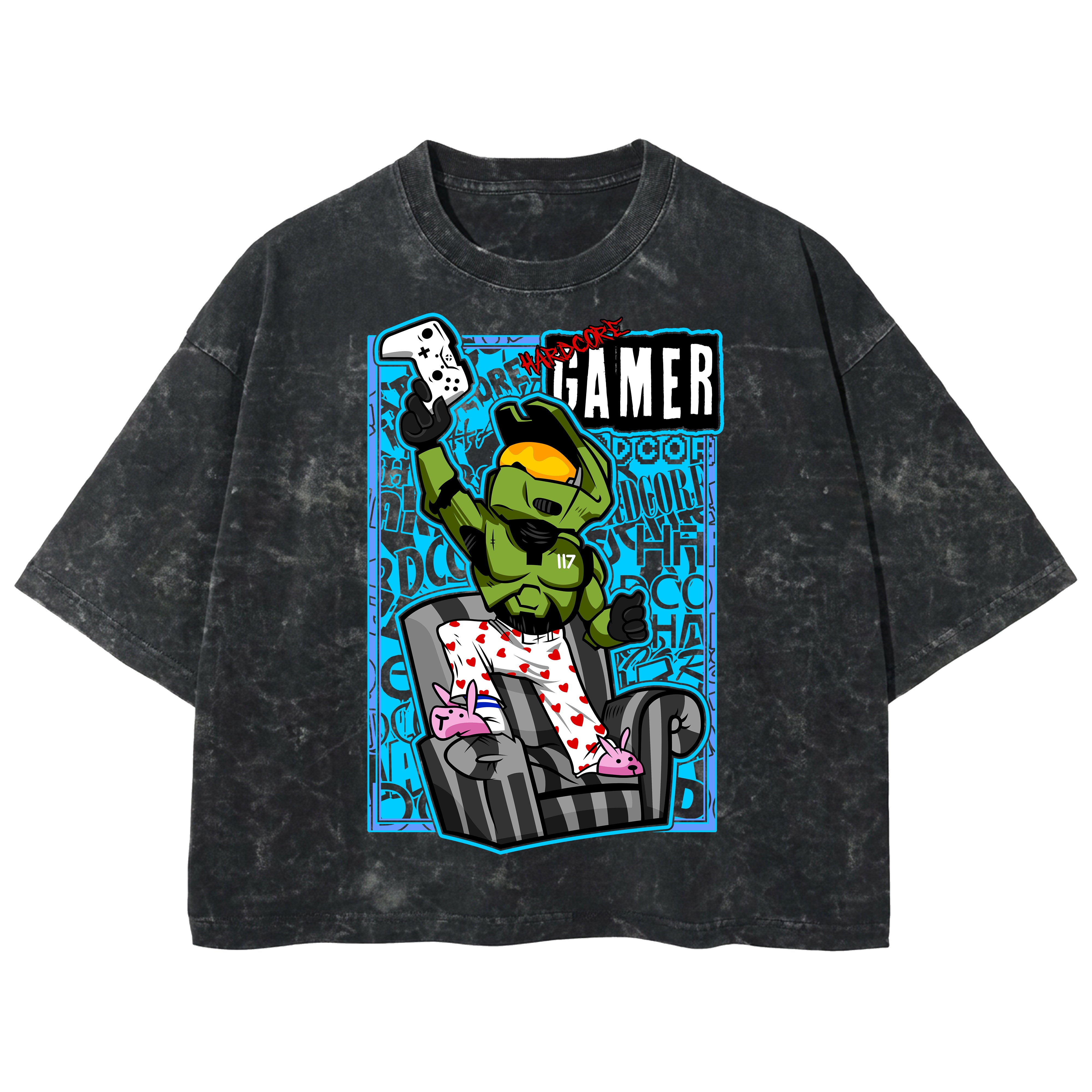 Playera streetwear premium de anime y gaming ExtraLife MX, corte boxy deluxe mineral wash heavyweight en color Acid Wash, moda urbana mexicana de culto.
