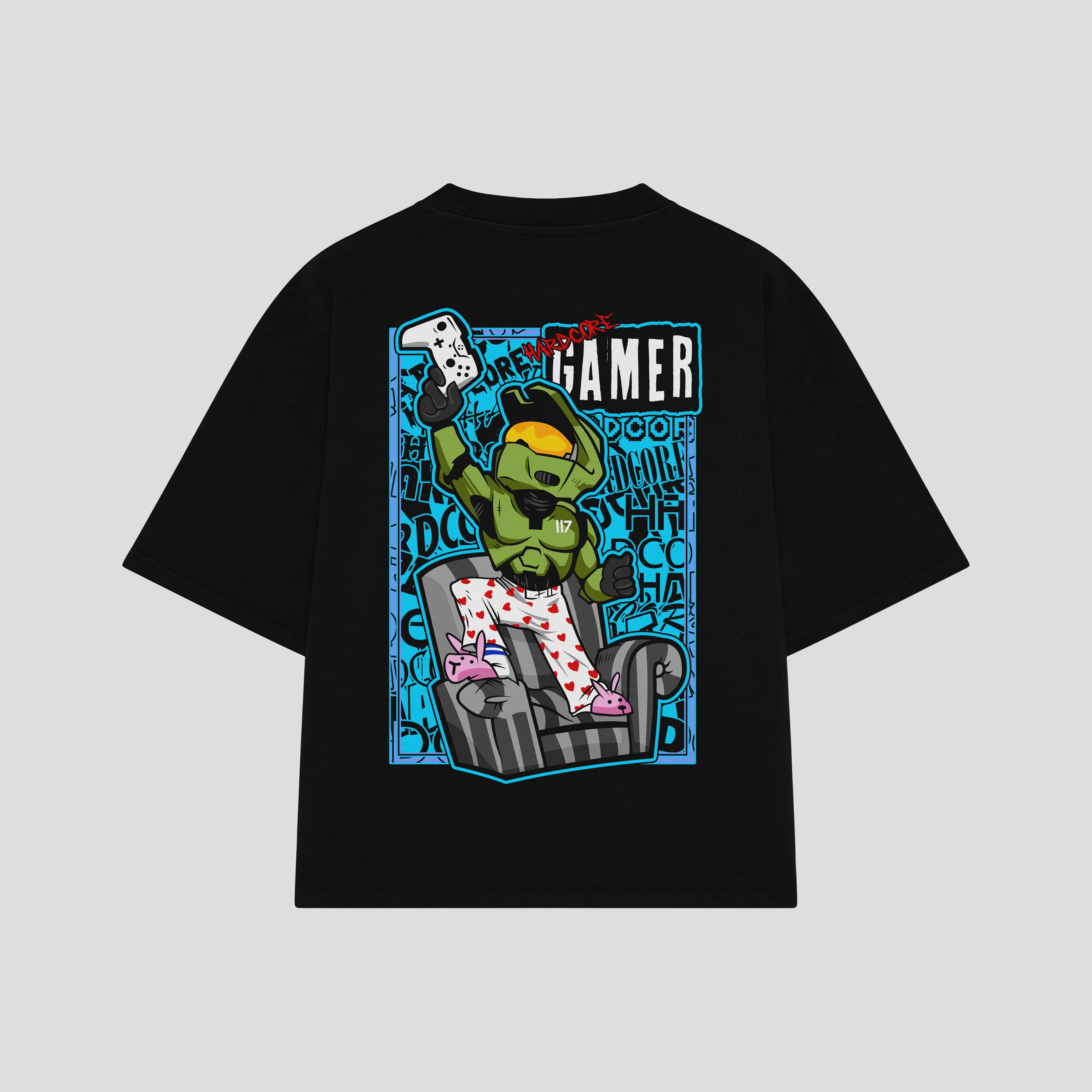 Playera streetwear premium de anime y gaming ExtraLife MX, corte boxy oversized drop shoulder heavyweight en color Deep Black y Off-White, moda urbana mexicana de culto.