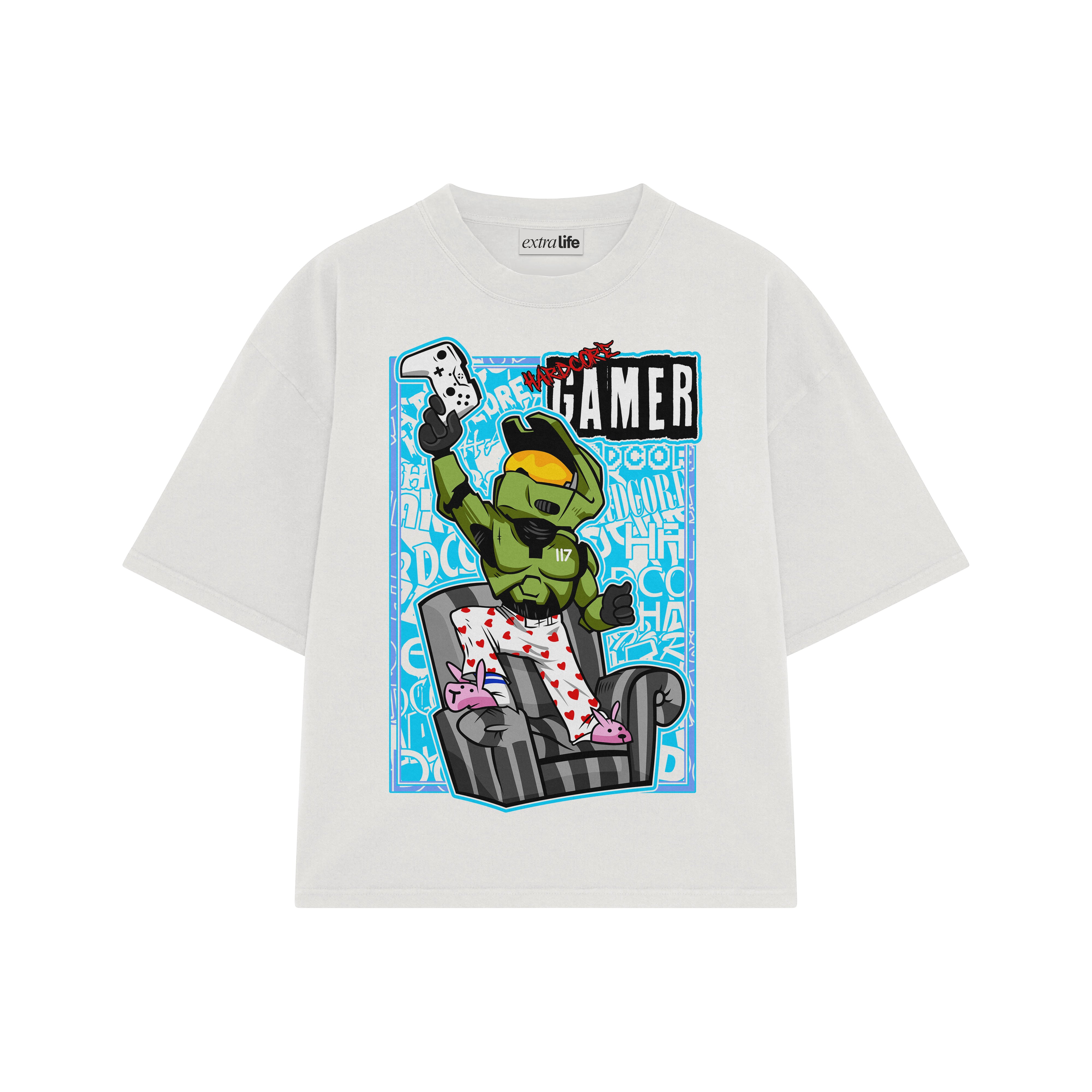 Playera streetwear premium de anime y gaming ExtraLife MX, corte boxy oversized drop shoulder heavyweight en color Deep Black y Off-White, moda urbana mexicana de culto.