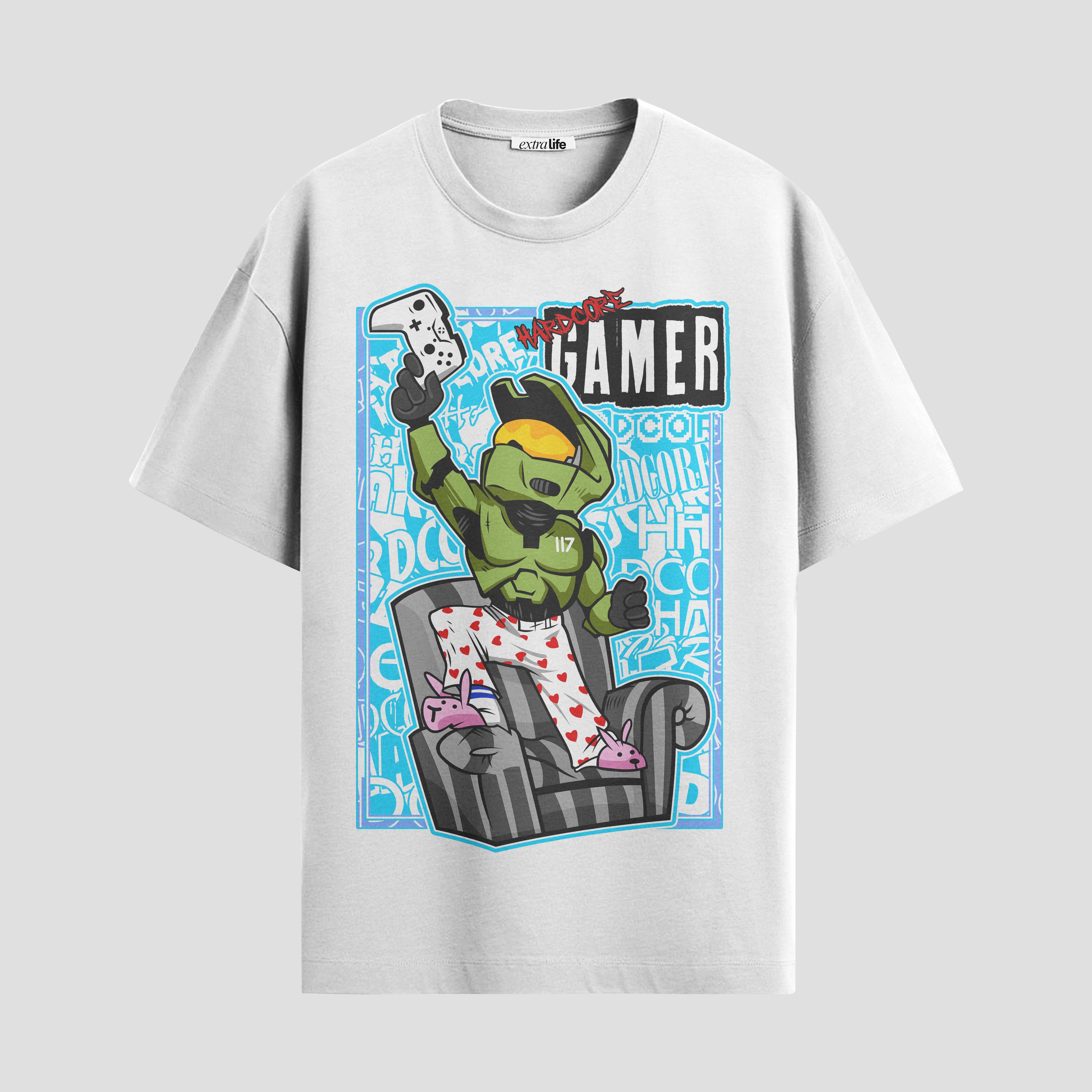 Playera urbana de anime y gaming ExtraLife MX, corte Standard Fit unisex ligero y transpirable en color Deep Black y Pure White, ropa de uso diario para gym y casual.