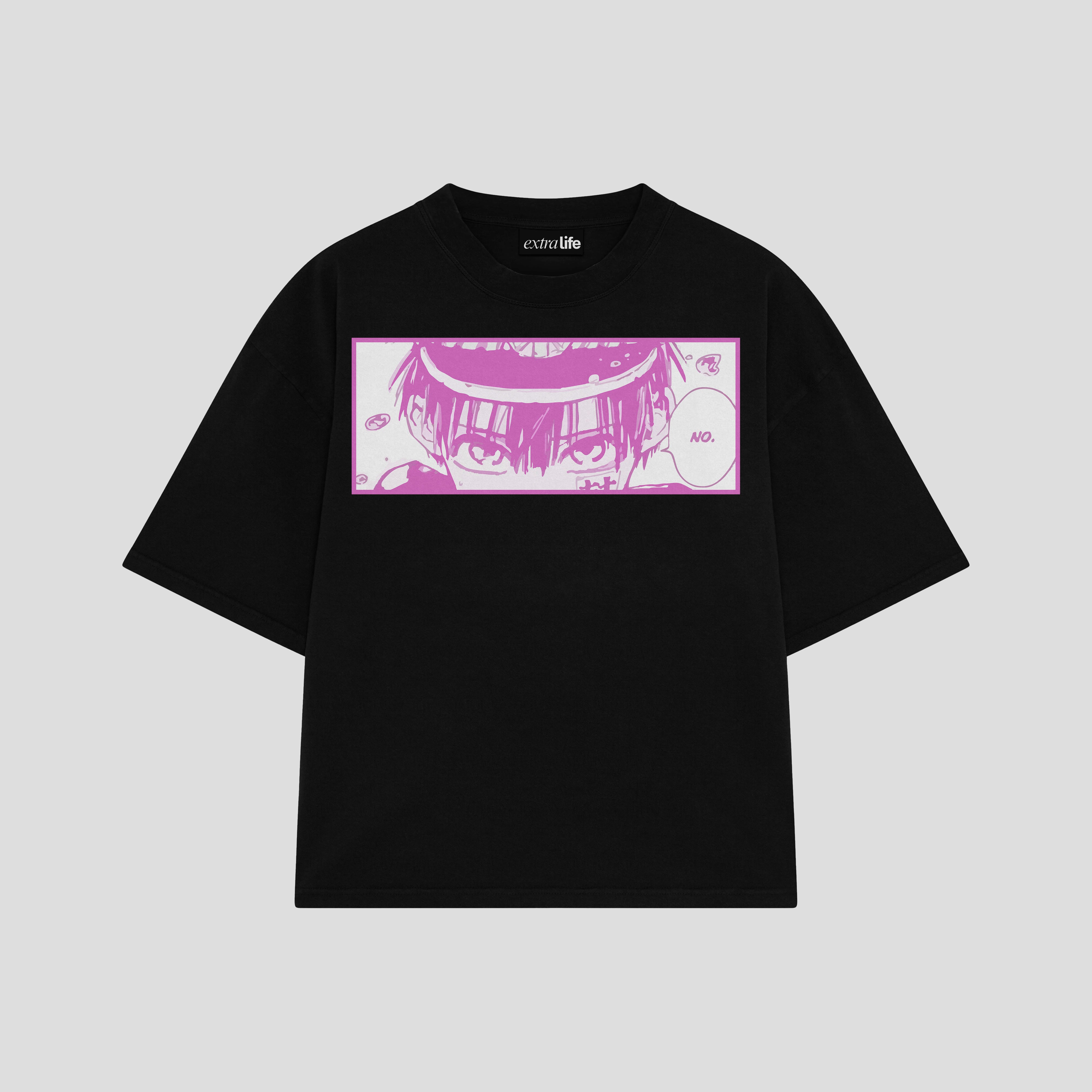 Playera streetwear premium de anime y gaming ExtraLife MX, corte boxy oversized drop shoulder heavyweight en color Deep Black y Off-White, moda urbana mexicana de culto.