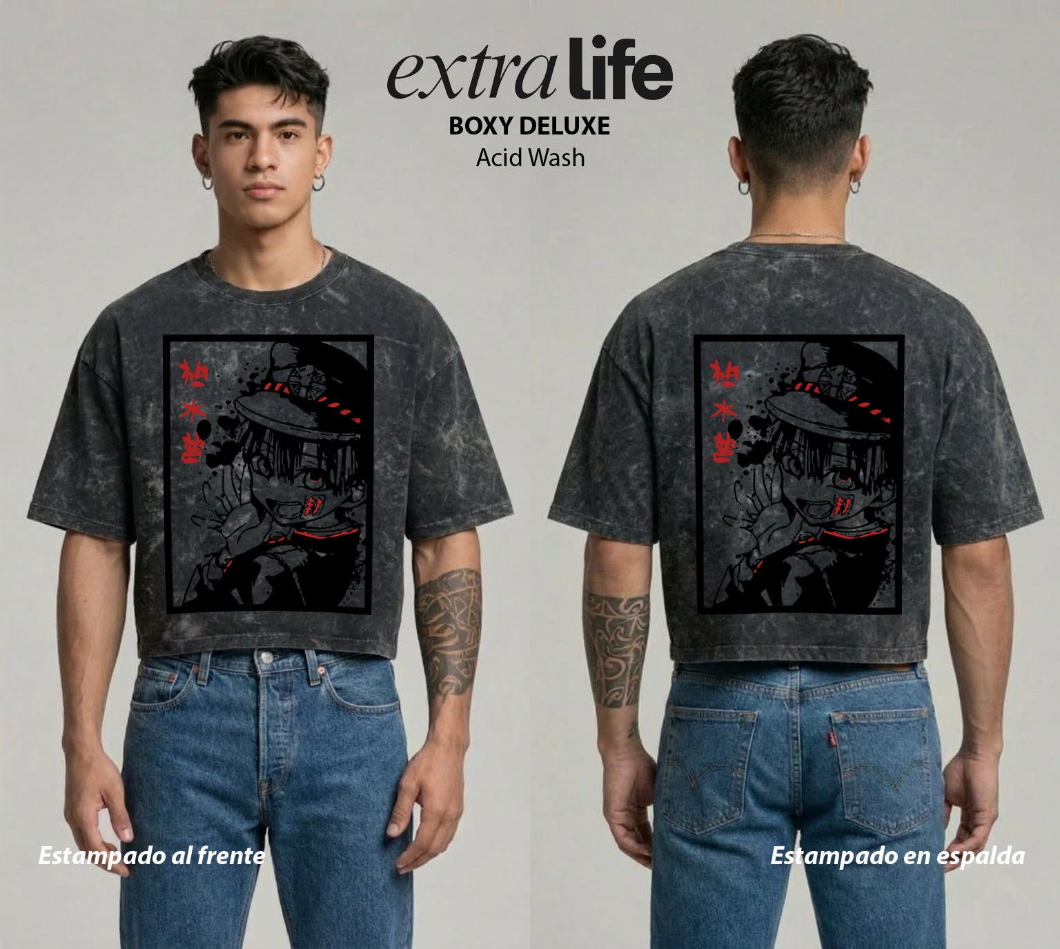 Playera streetwear premium de anime y gaming ExtraLife MX, corte boxy deluxe mineral wash heavyweight en color Acid Wash, moda urbana mexicana de culto.