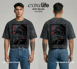 Playera streetwear premium de anime y gaming ExtraLife MX, corte boxy deluxe mineral wash heavyweight en color Acid Wash, moda urbana mexicana de culto.