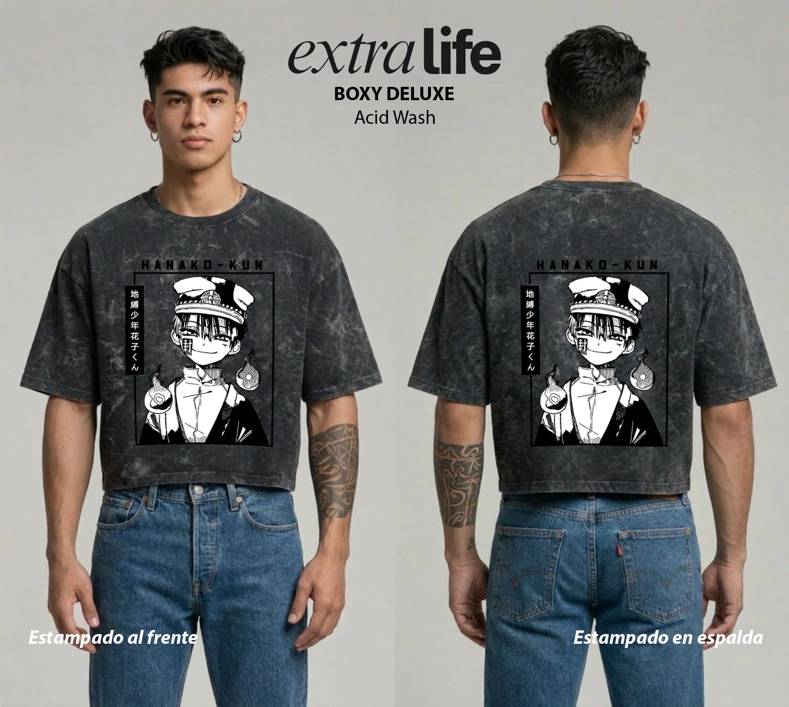 Playera streetwear premium de anime y gaming ExtraLife MX, corte boxy deluxe mineral wash heavyweight en color Acid Wash, moda urbana mexicana de culto.