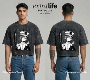 Playera streetwear premium de anime y gaming ExtraLife MX, corte boxy deluxe mineral wash heavyweight en color Acid Wash, moda urbana mexicana de culto.