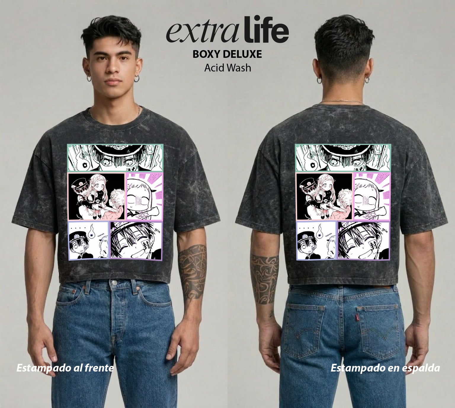 Playera streetwear premium de anime y gaming ExtraLife MX, corte boxy deluxe mineral wash heavyweight en color Acid Wash, moda urbana mexicana de culto.