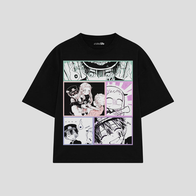 Playera streetwear premium de anime y gaming ExtraLife MX, corte boxy oversized drop shoulder heavyweight en color Deep Black y Off-White, moda urbana mexicana de culto.