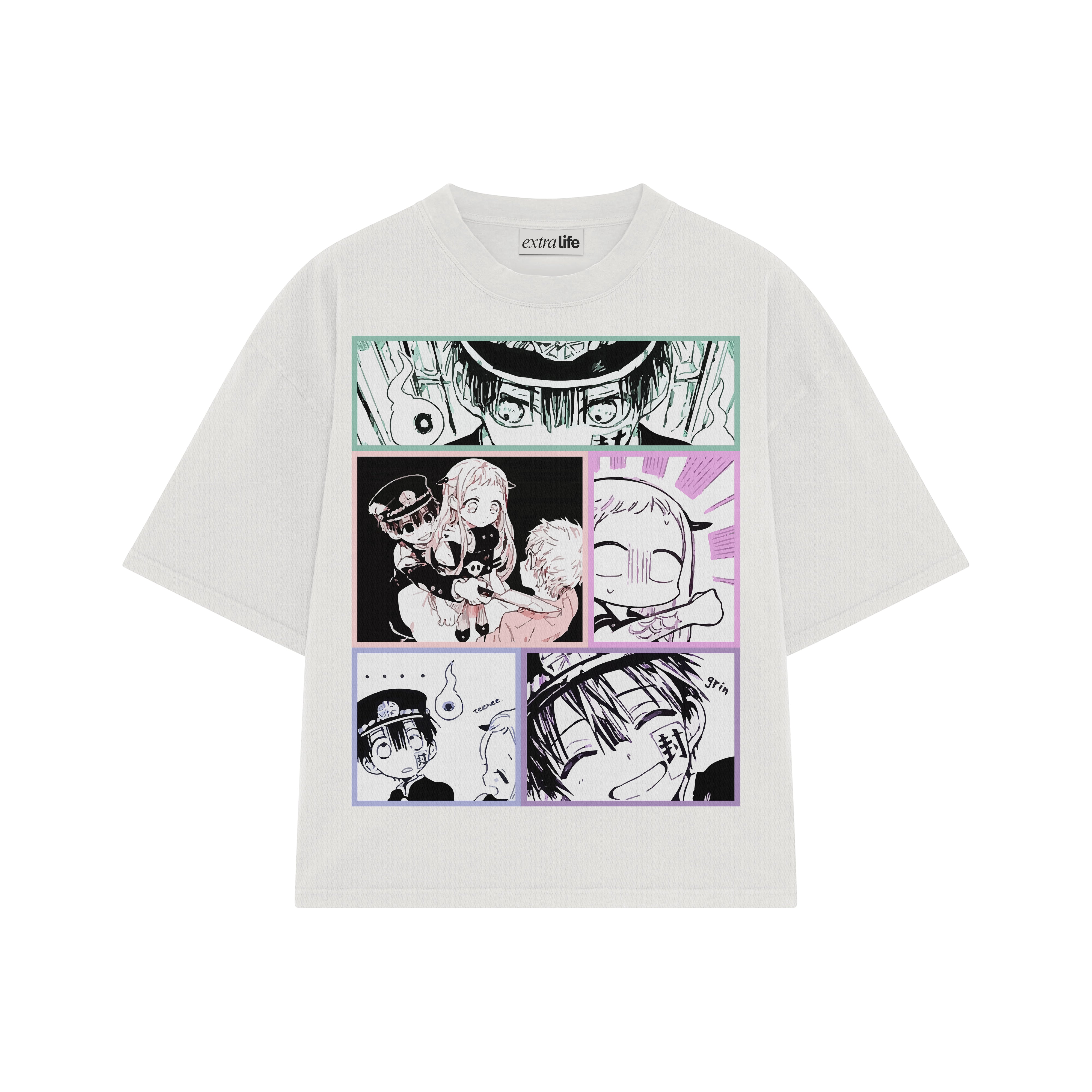 Playera streetwear premium de anime y gaming ExtraLife MX, corte boxy oversized drop shoulder heavyweight en color Deep Black y Off-White, moda urbana mexicana de culto.