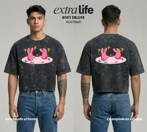 Playera streetwear premium de anime y gaming ExtraLife MX, corte boxy deluxe mineral wash heavyweight en color Acid Wash, moda urbana mexicana de culto.