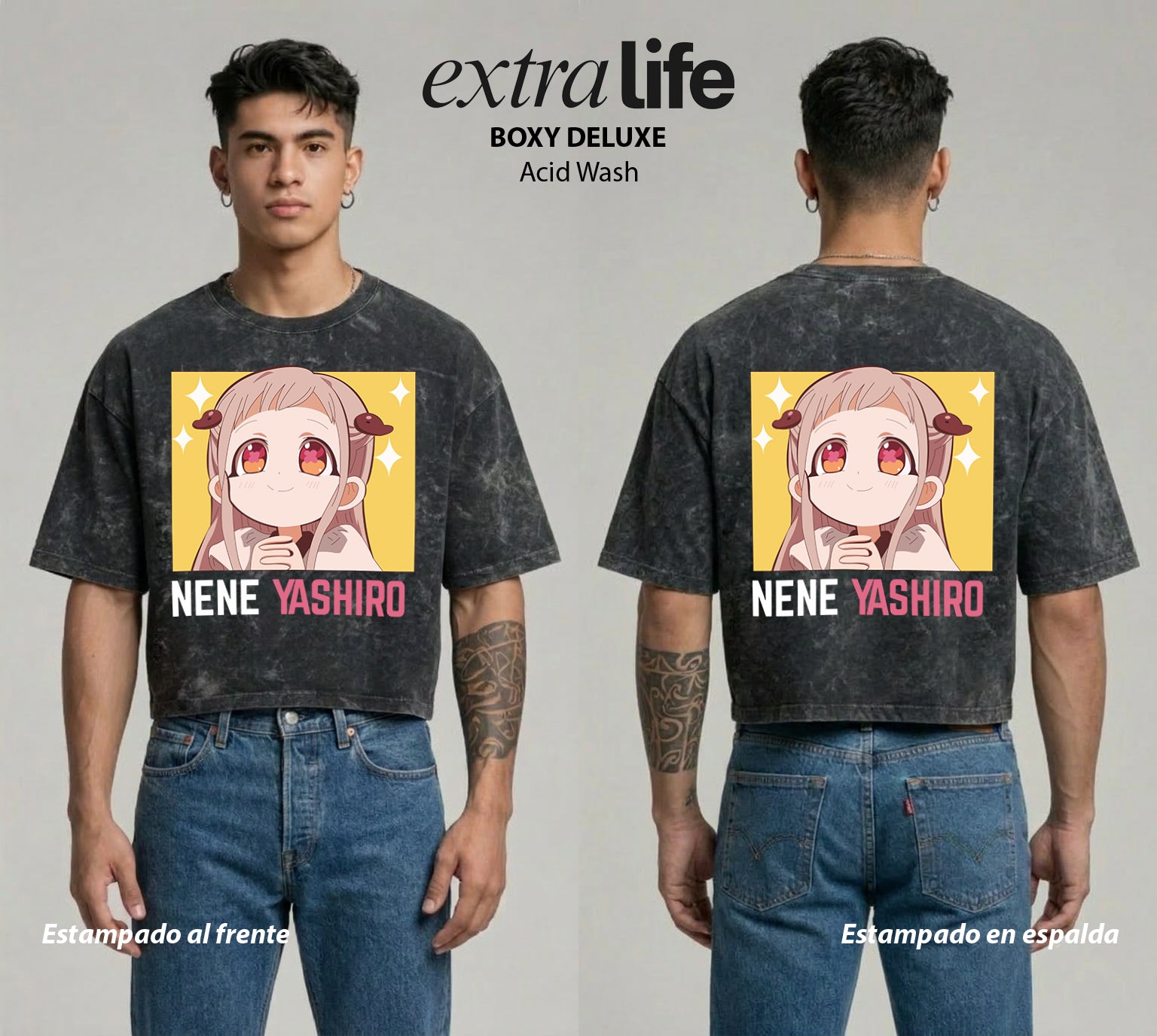 Playera streetwear premium de anime y gaming ExtraLife MX, corte boxy deluxe mineral wash heavyweight en color Acid Wash, moda urbana mexicana de culto.