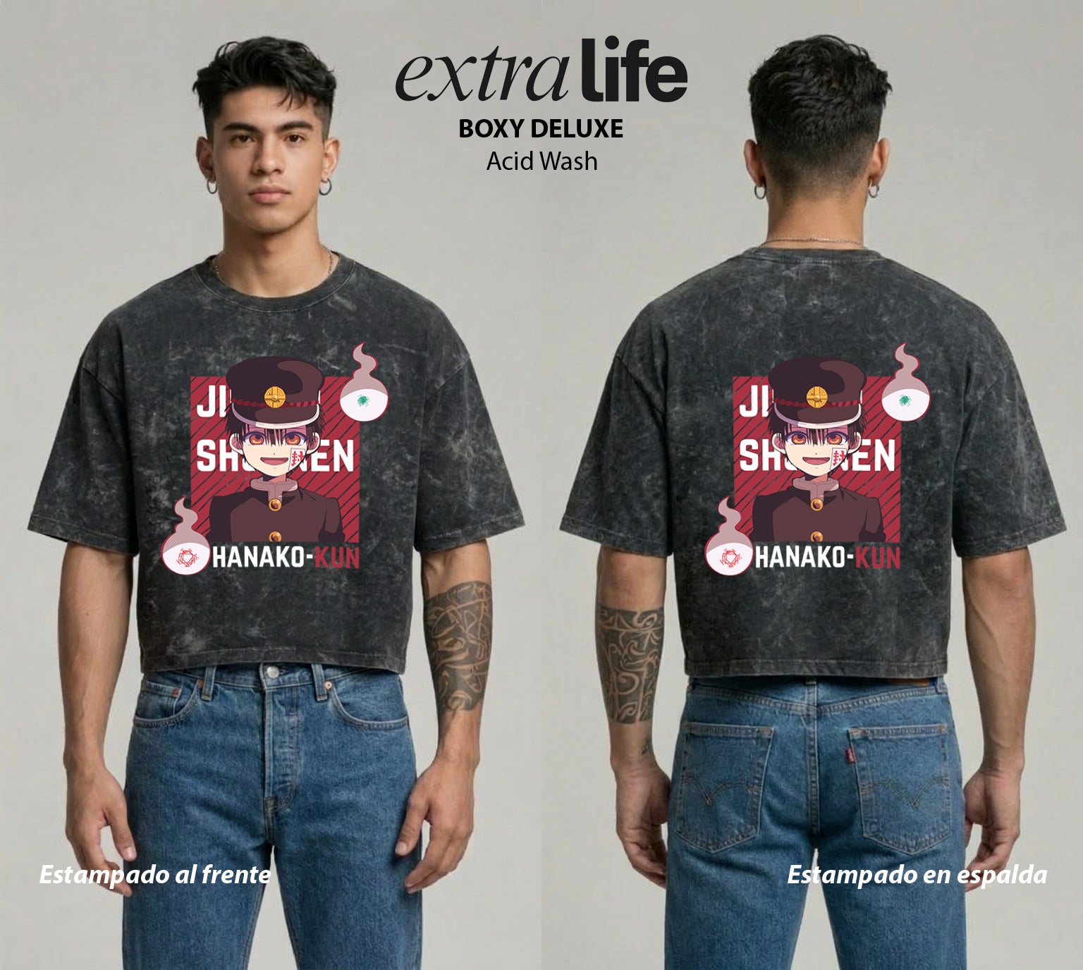 Playera streetwear premium de anime y gaming ExtraLife MX, corte boxy deluxe mineral wash heavyweight en color Acid Wash, moda urbana mexicana de culto.
