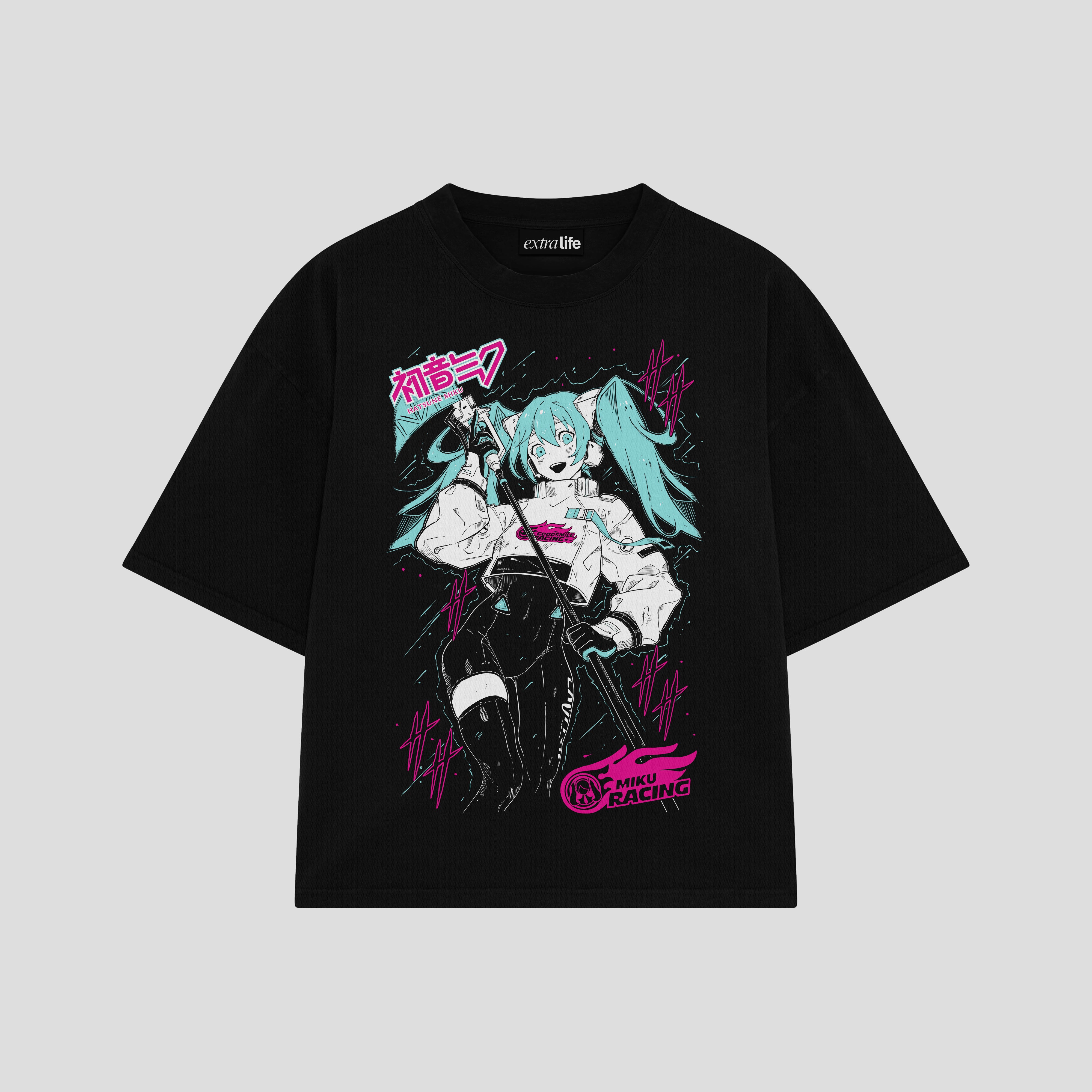 Playera streetwear premium de anime y gaming ExtraLife MX, corte boxy oversized drop shoulder heavyweight en color Deep Black y Off-White, moda urbana mexicana de culto.