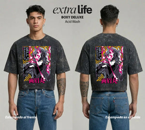 Playera streetwear premium de anime y gaming ExtraLife MX, corte boxy deluxe mineral wash heavyweight en color Acid Wash, moda urbana mexicana de culto.