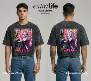 Playera streetwear premium de anime y gaming ExtraLife MX, corte boxy deluxe mineral wash heavyweight en color Acid Wash, moda urbana mexicana de culto.