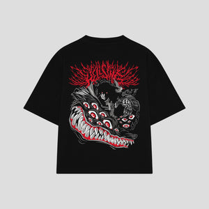 Playera streetwear premium de anime y gaming ExtraLife MX, corte boxy oversized drop shoulder heavyweight en color Deep Black y Off-White, moda urbana mexicana de culto.