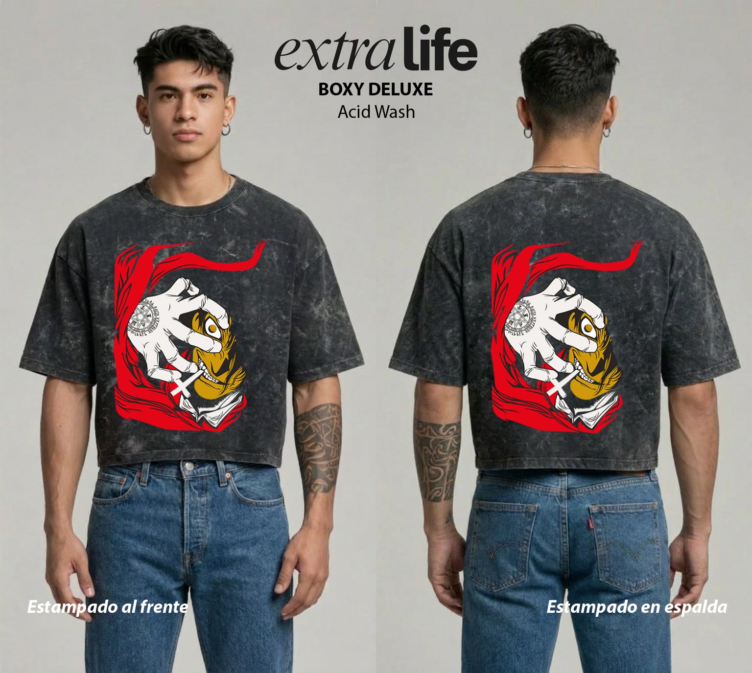 Playera streetwear premium de anime y gaming ExtraLife MX, corte boxy deluxe mineral wash heavyweight en color Acid Wash, moda urbana mexicana de culto.