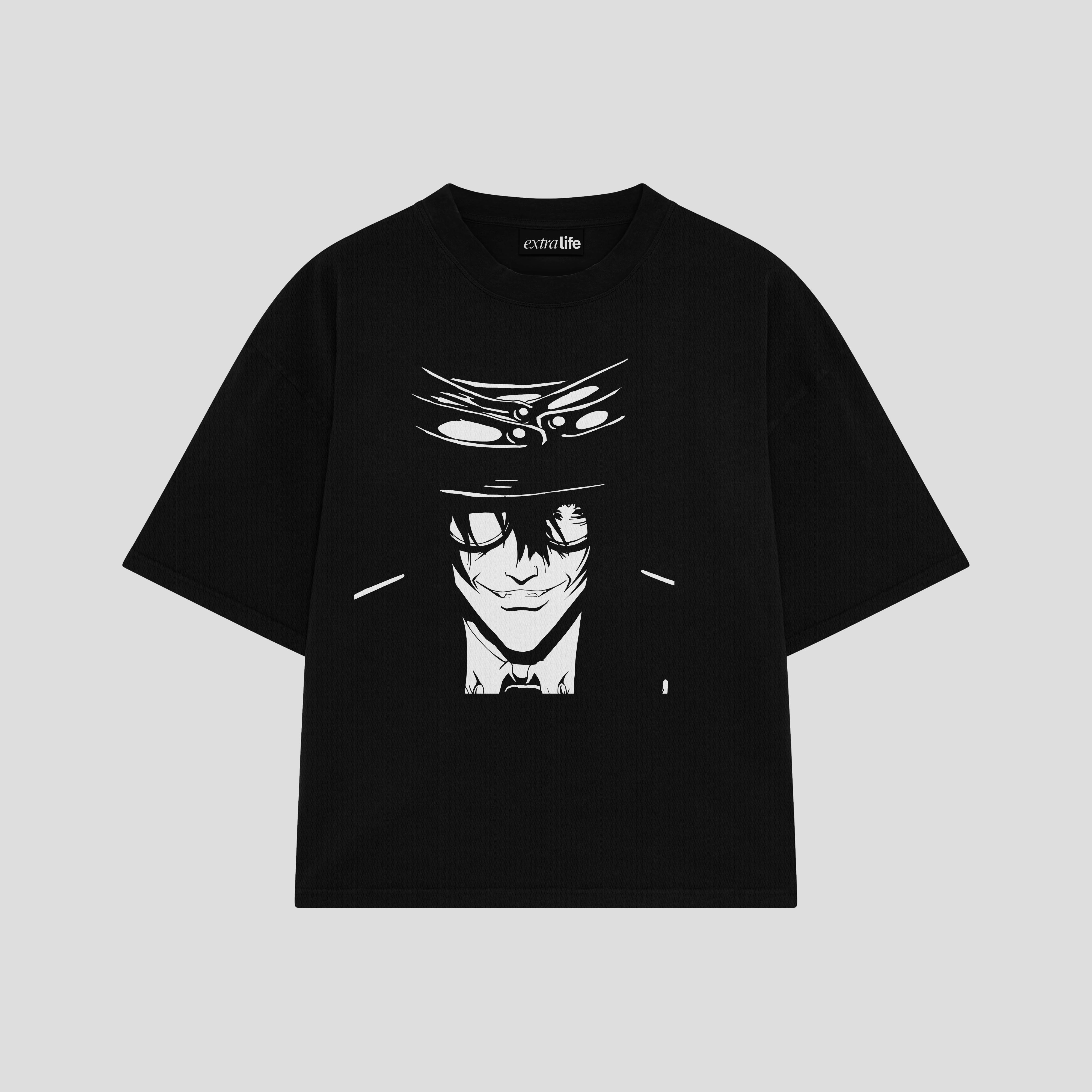 Playera streetwear premium de anime y gaming ExtraLife MX, corte boxy oversized drop shoulder heavyweight en color Deep Black y Off-White, moda urbana mexicana de culto.