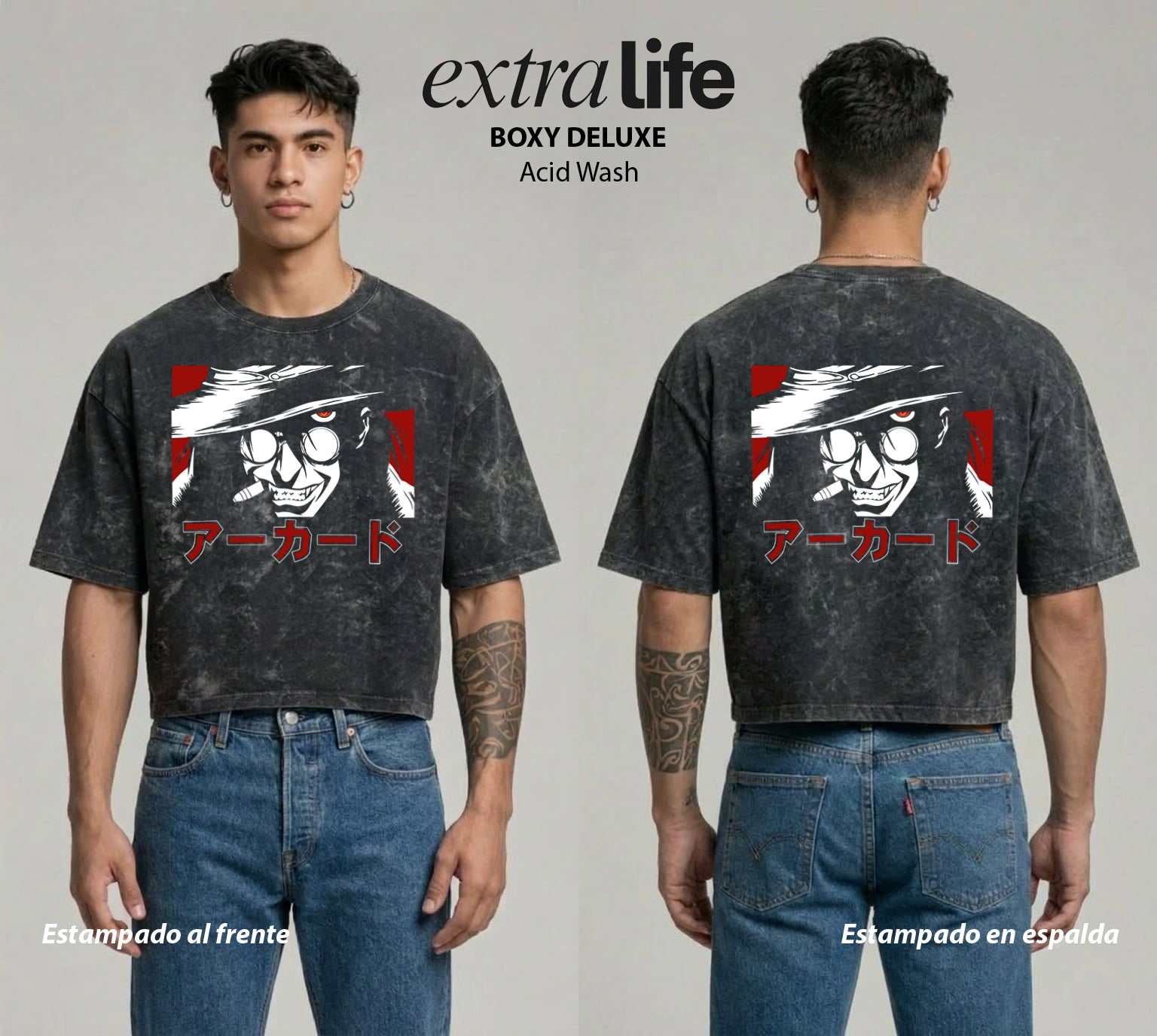 Playera streetwear premium de anime y gaming ExtraLife MX, corte boxy deluxe mineral wash heavyweight en color Acid Wash, moda urbana mexicana de culto.