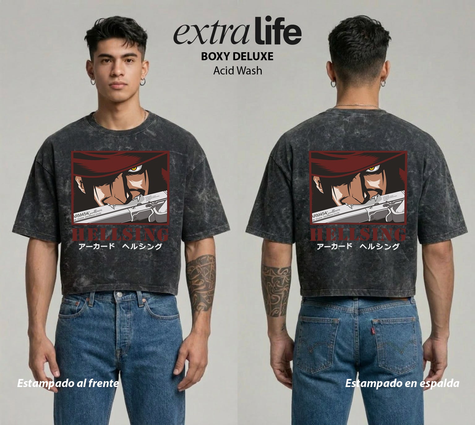 Playera streetwear premium de anime y gaming ExtraLife MX, corte boxy deluxe mineral wash heavyweight en color Acid Wash, moda urbana mexicana de culto.