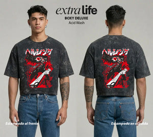 Playera streetwear premium de anime y gaming ExtraLife MX, corte boxy deluxe mineral wash heavyweight en color Acid Wash, moda urbana mexicana de culto.