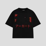 Playera streetwear premium de anime y gaming ExtraLife MX, corte boxy oversized drop shoulder heavyweight en color Deep Black y Off-White, moda urbana mexicana de culto.