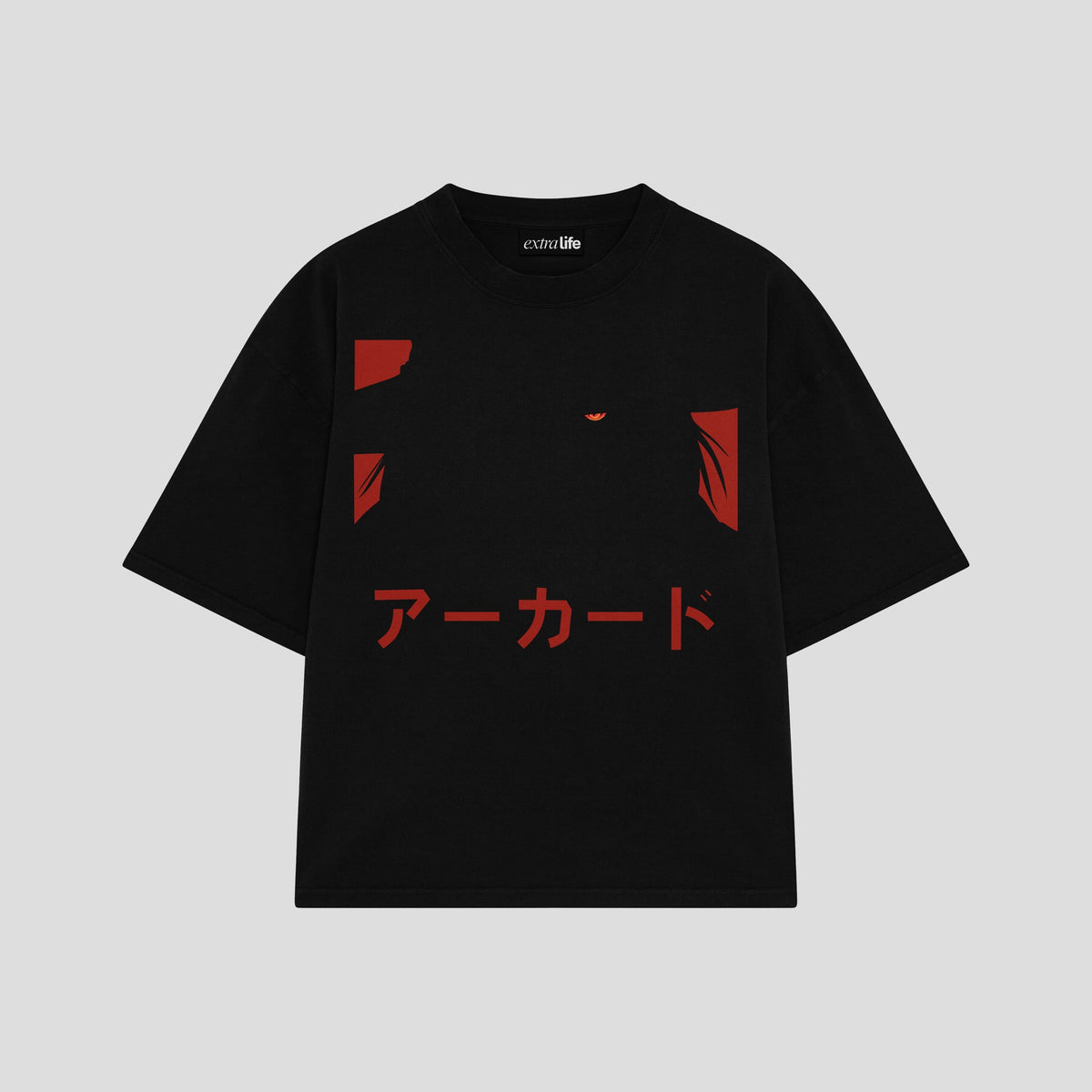 Playera streetwear premium de anime y gaming ExtraLife MX, corte oversized drop shoulder ligero y fresco en color Deep Black y Off-White, moda urbana mexicana de culto.