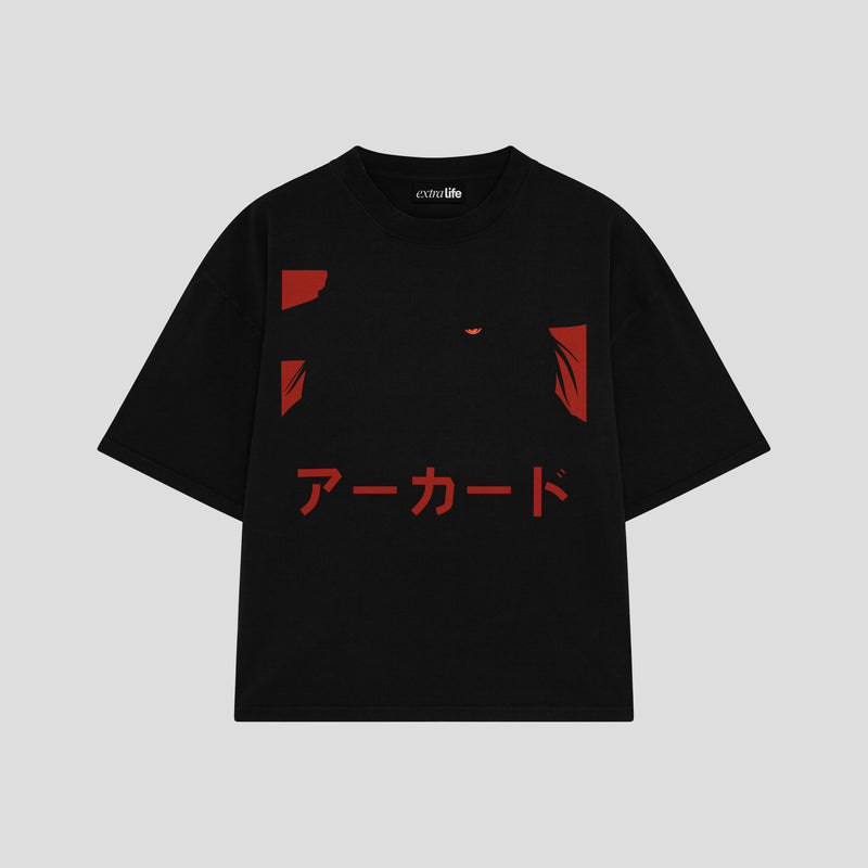 Playera streetwear premium de anime y gaming ExtraLife MX, corte boxy oversized drop shoulder heavyweight en color Deep Black y Off-White, moda urbana mexicana de culto.