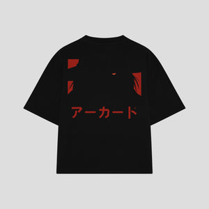 Playera streetwear premium de anime y gaming ExtraLife MX, corte boxy oversized drop shoulder heavyweight en color Deep Black y Off-White, moda urbana mexicana de culto.
