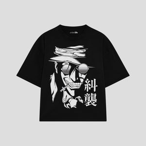 Playera streetwear premium de anime y gaming ExtraLife MX, corte boxy oversized drop shoulder heavyweight en color Deep Black y Off-White, moda urbana mexicana de culto.