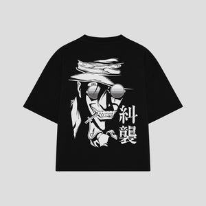 Playera streetwear premium de anime y gaming ExtraLife MX, corte boxy oversized drop shoulder heavyweight en color Deep Black y Off-White, moda urbana mexicana de culto.