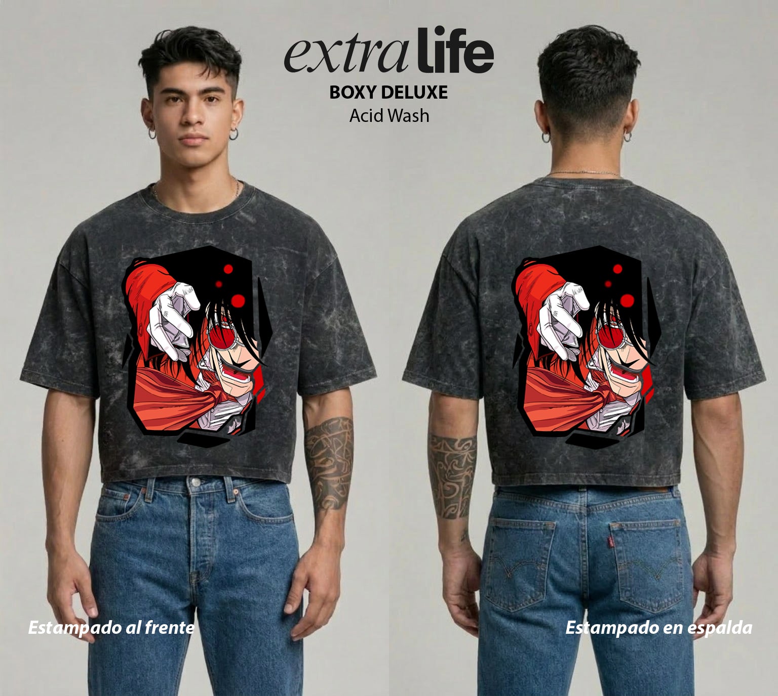 Playera streetwear premium de anime y gaming ExtraLife MX, corte boxy deluxe mineral wash heavyweight en color Acid Wash, moda urbana mexicana de culto.
