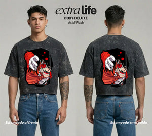 Playera streetwear premium de anime y gaming ExtraLife MX, corte boxy deluxe mineral wash heavyweight en color Acid Wash, moda urbana mexicana de culto.