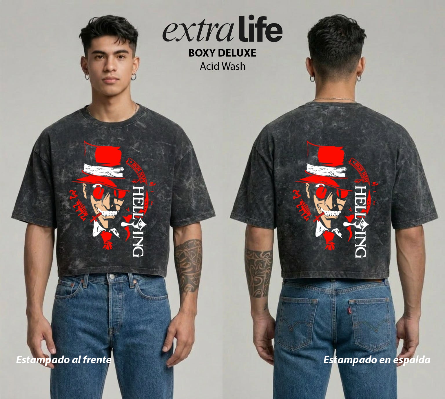 Playera streetwear premium de anime y gaming ExtraLife MX, corte boxy deluxe mineral wash heavyweight en color Acid Wash, moda urbana mexicana de culto.