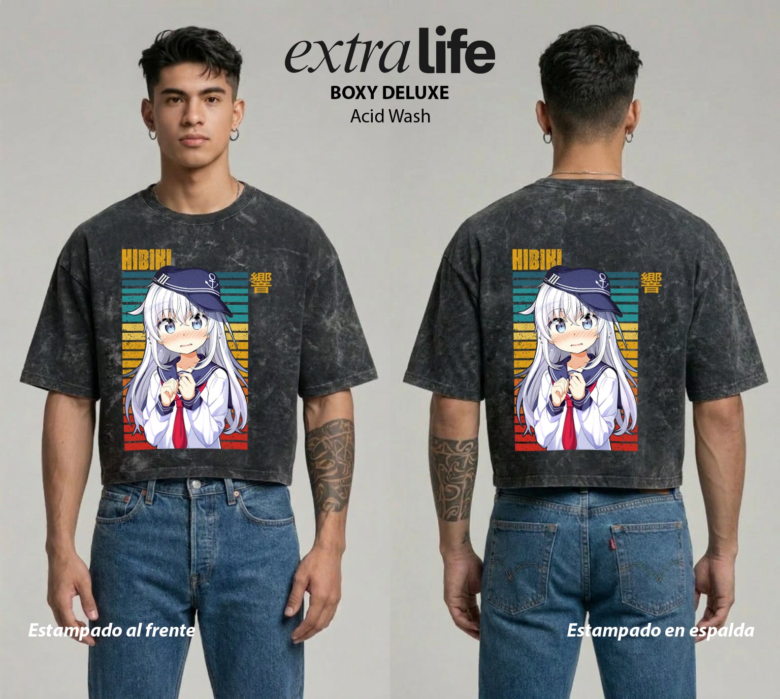 Playera streetwear premium de anime y gaming ExtraLife MX, corte boxy deluxe mineral wash heavyweight en color Acid Wash, moda urbana mexicana de culto.