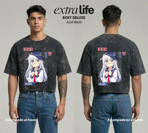 Playera streetwear premium de anime y gaming ExtraLife MX, corte boxy deluxe mineral wash heavyweight en color Acid Wash, moda urbana mexicana de culto.