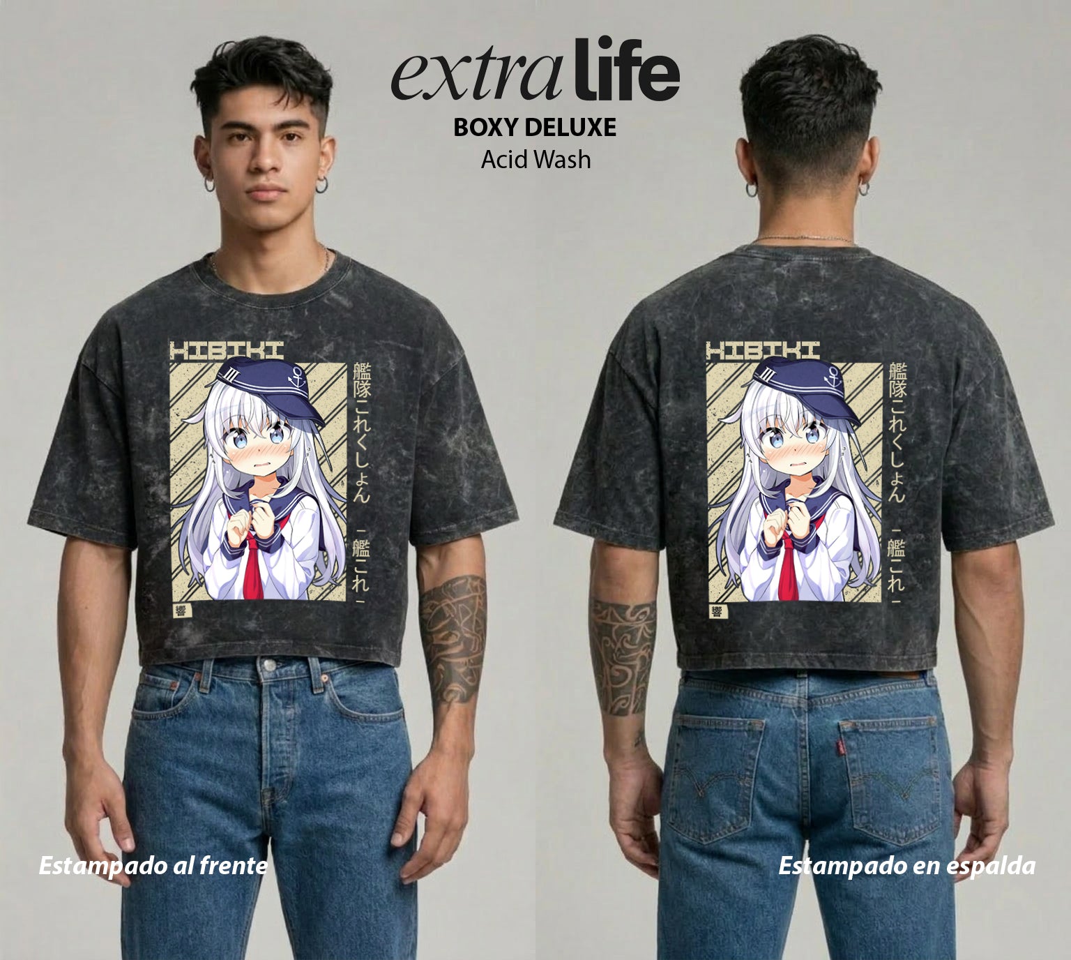 Playera streetwear premium de anime y gaming ExtraLife MX, corte boxy deluxe mineral wash heavyweight en color Acid Wash, moda urbana mexicana de culto.