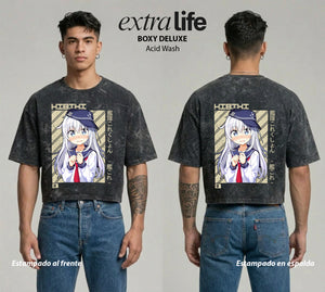 Playera streetwear premium de anime y gaming ExtraLife MX, corte boxy deluxe mineral wash heavyweight en color Acid Wash, moda urbana mexicana de culto.