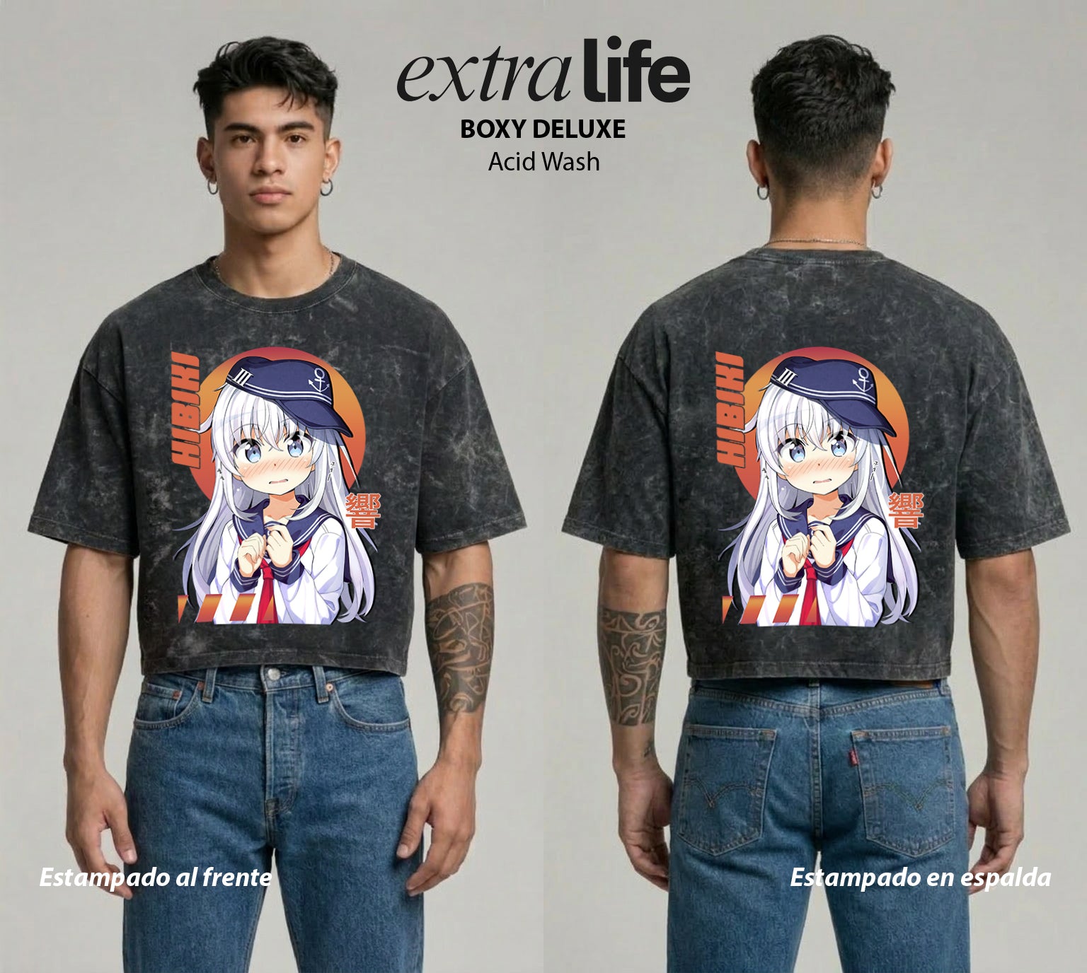 Playera streetwear premium de anime y gaming ExtraLife MX, corte boxy deluxe mineral wash heavyweight en color Acid Wash, moda urbana mexicana de culto.