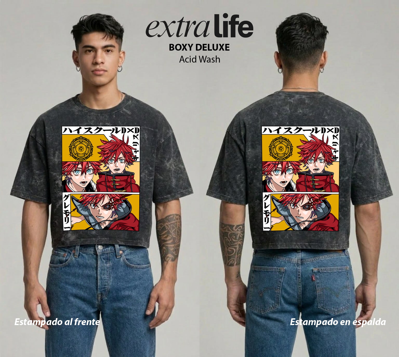 Playera streetwear premium de anime y gaming ExtraLife MX, corte boxy deluxe mineral wash heavyweight en color Acid Wash, moda urbana mexicana de culto.