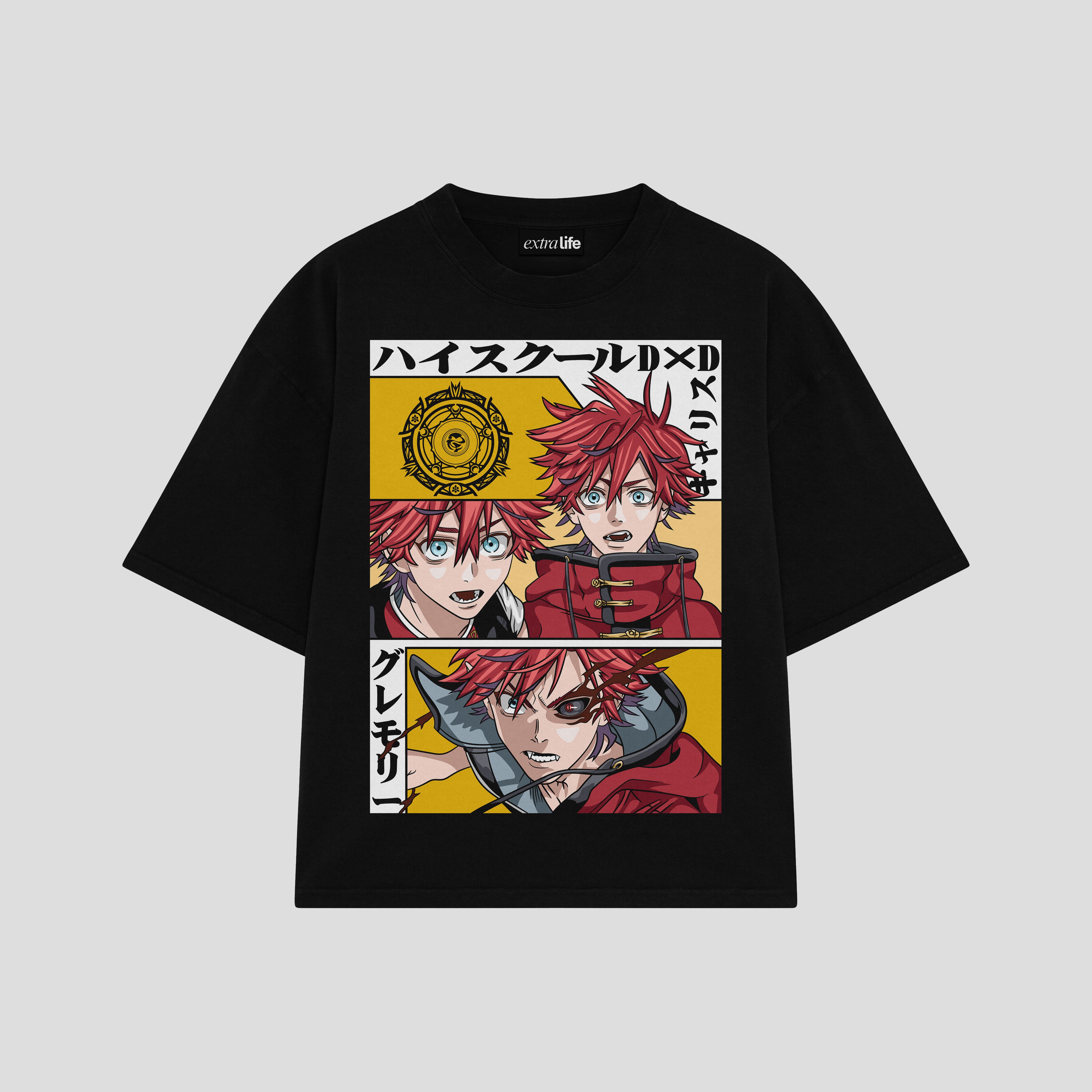 Playera streetwear premium de anime y gaming ExtraLife MX, corte boxy oversized drop shoulder heavyweight en color Deep Black y Off-White, moda urbana mexicana de culto.
