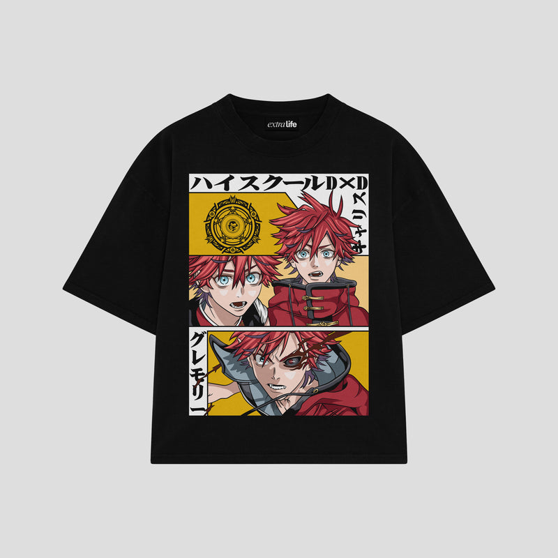 Playera streetwear premium de anime y gaming ExtraLife MX, corte boxy oversized drop shoulder heavyweight en color Deep Black y Off-White, moda urbana mexicana de culto.