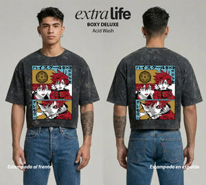 Playera streetwear premium de anime y gaming ExtraLife MX, corte boxy deluxe mineral wash heavyweight en color Acid Wash, moda urbana mexicana de culto.