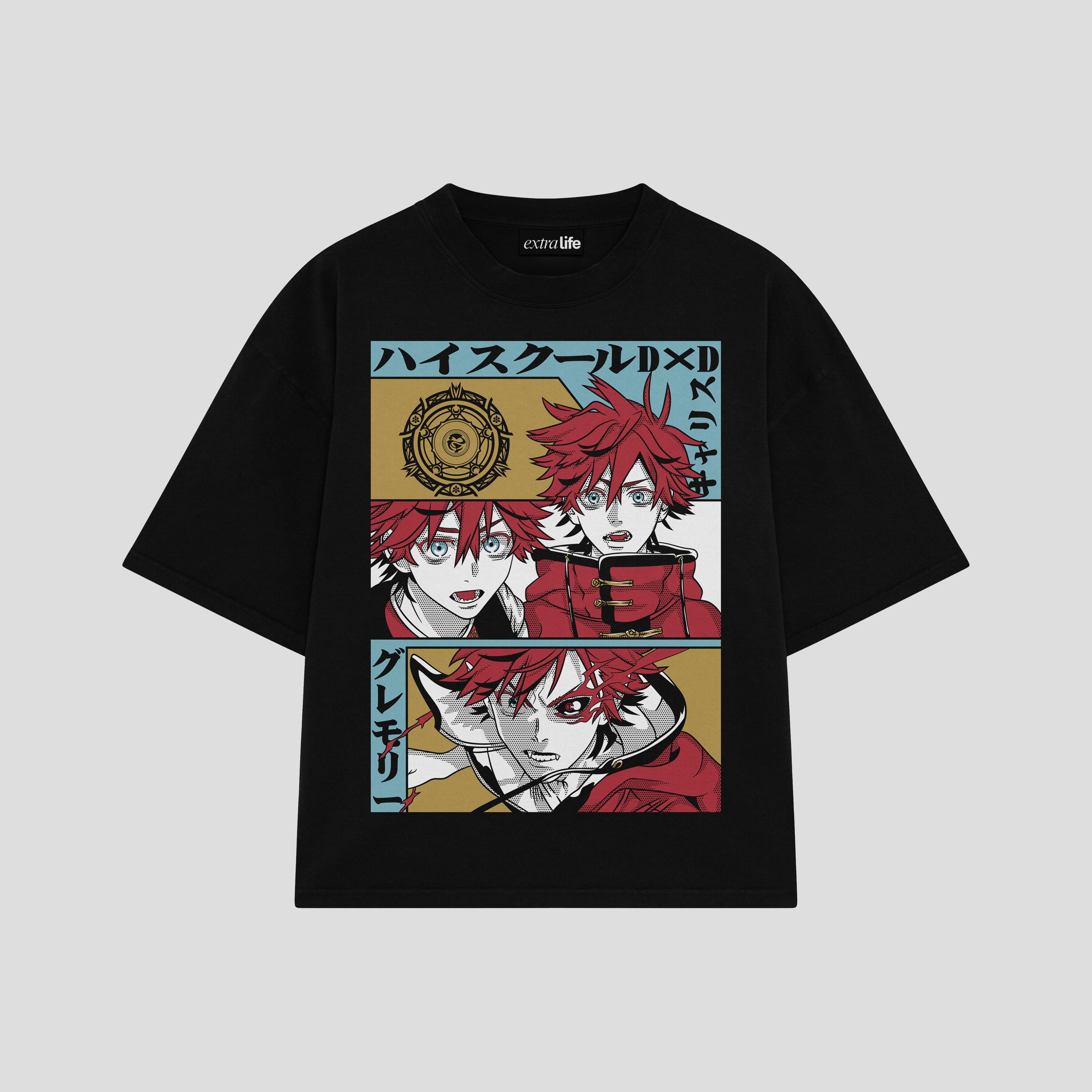 Playera streetwear premium de anime y gaming ExtraLife MX, corte boxy oversized drop shoulder heavyweight en color Deep Black y Off-White, moda urbana mexicana de culto.