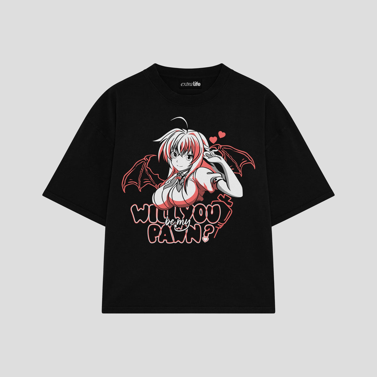 Playera streetwear premium de anime y gaming ExtraLife MX, corte oversized drop shoulder ligero y fresco en color Deep Black y Off-White, moda urbana mexicana de culto.