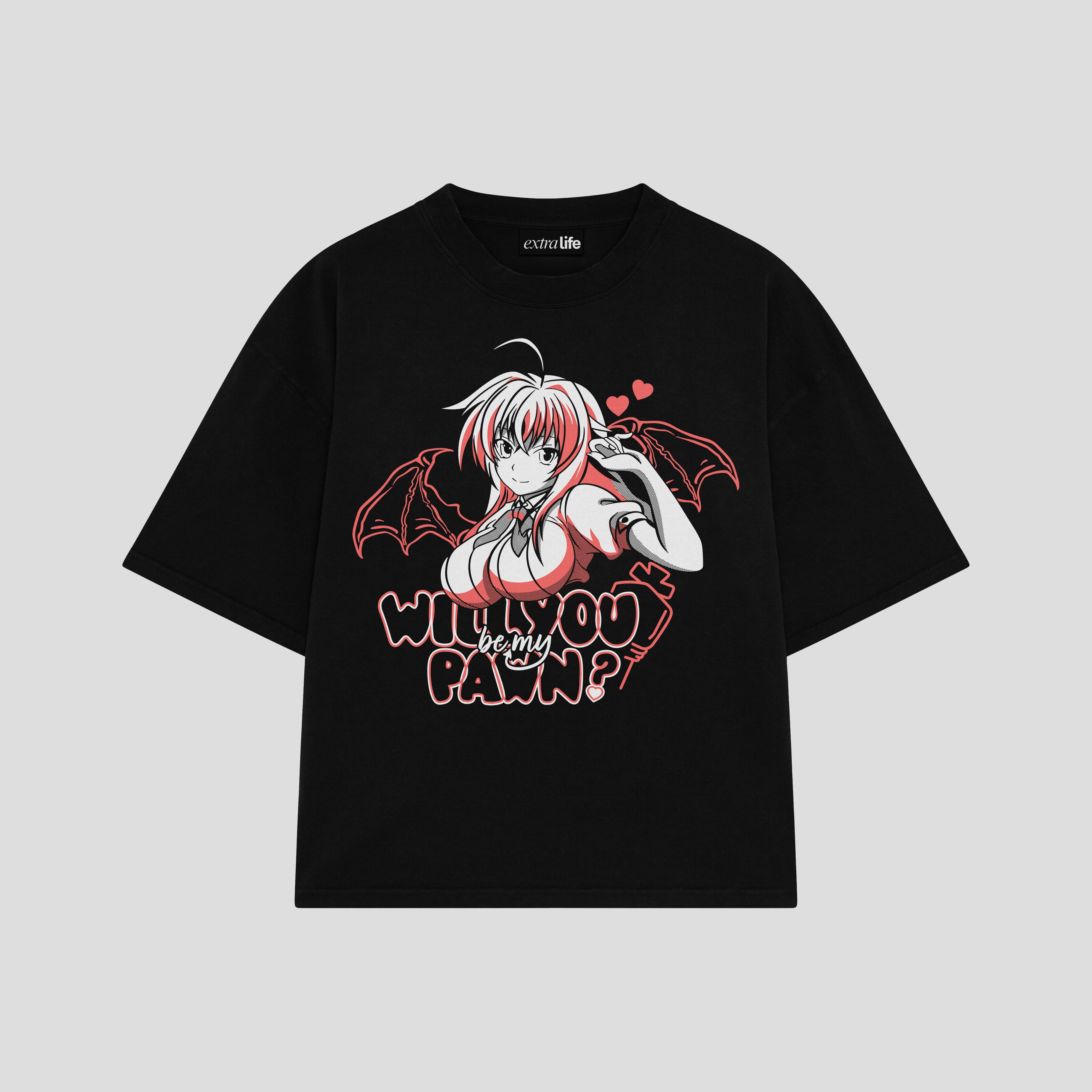 Playera streetwear premium de anime y gaming ExtraLife MX, corte boxy oversized drop shoulder heavyweight en color Deep Black y Off-White, moda urbana mexicana de culto.