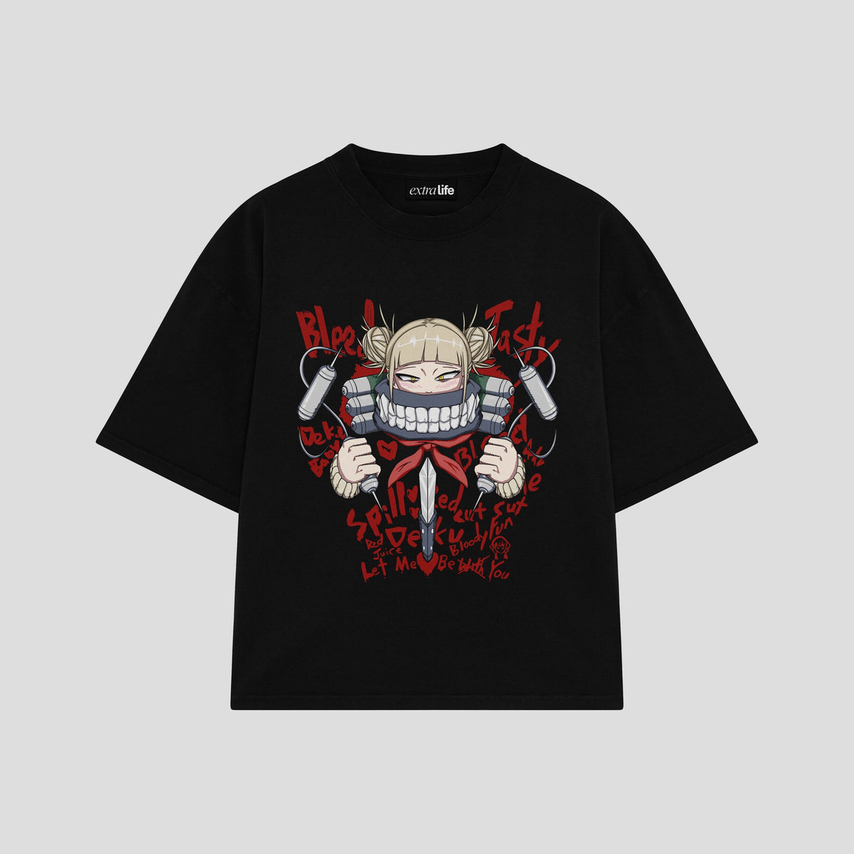 Playera streetwear premium de anime y gaming ExtraLife MX, corte oversized drop shoulder ligero y fresco en color Deep Black y Off-White, moda urbana mexicana de culto.
