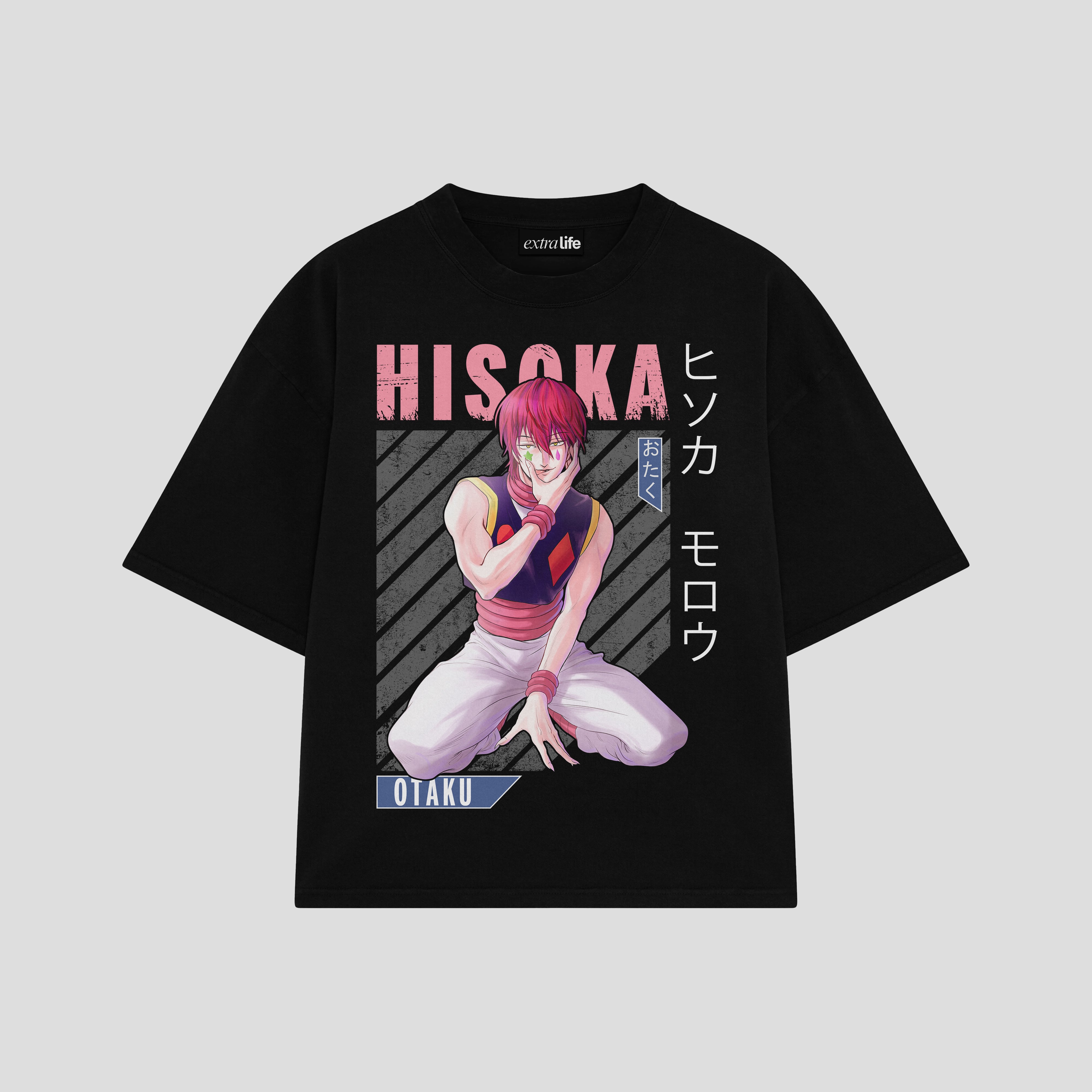 Playera streetwear premium de anime y gaming ExtraLife MX, corte boxy oversized drop shoulder heavyweight en color Deep Black y Off-White, moda urbana mexicana de culto.