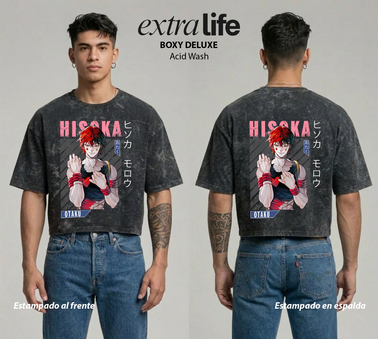 Playera streetwear premium de anime y gaming ExtraLife MX, corte boxy deluxe mineral wash heavyweight en color Acid Wash, moda urbana mexicana de culto.